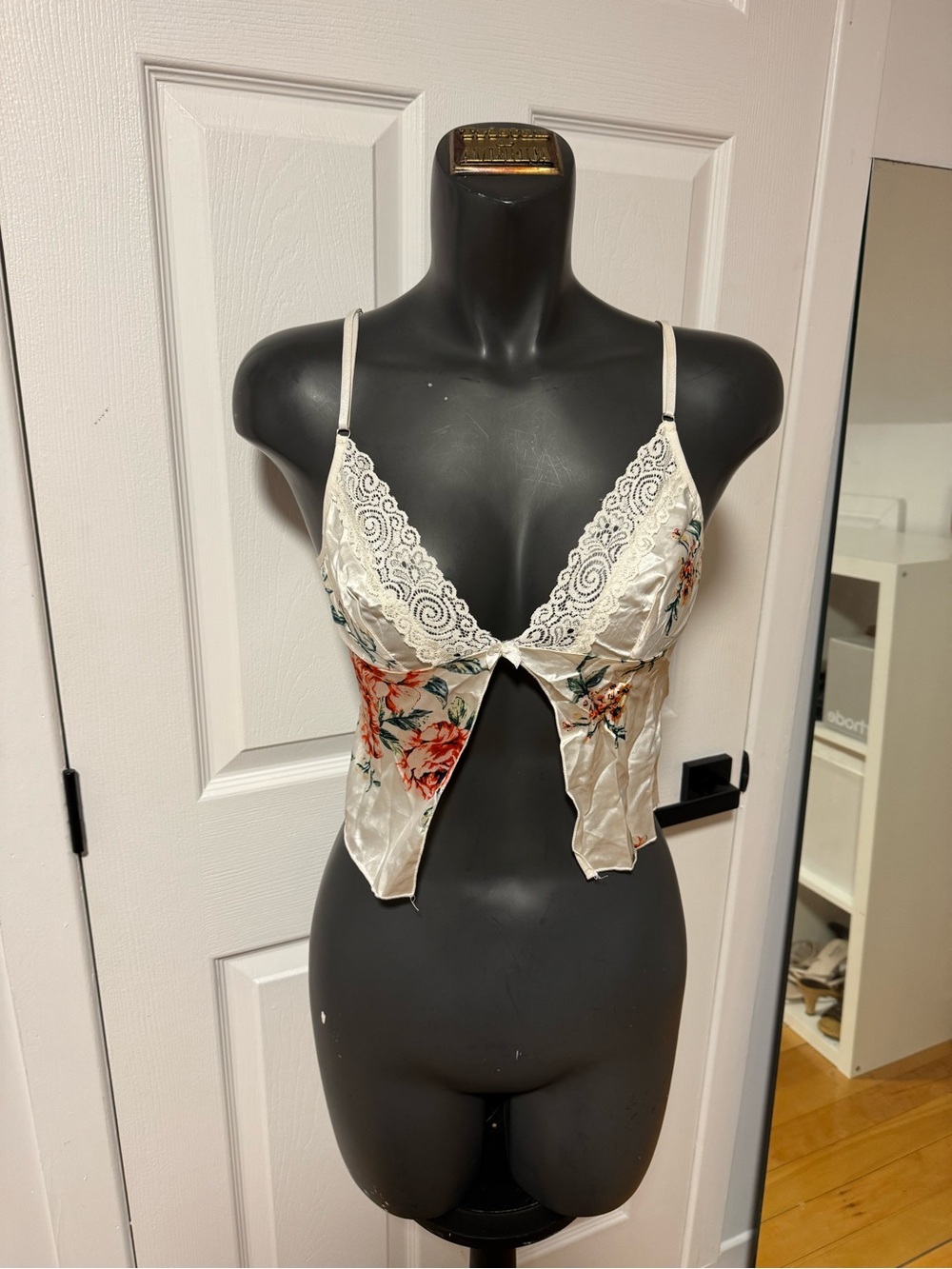 Floral Lace-Trim Satin Bralette in Ivory